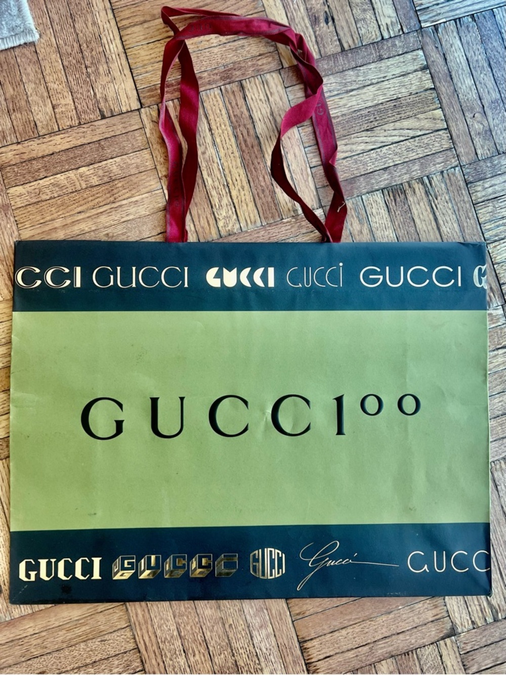 Gucci Green Logo Paper Shopping Bag with Red Ribbon Handles